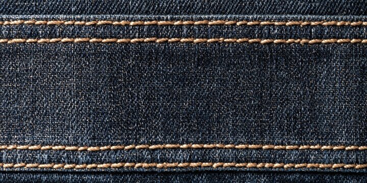 Close-up of dark denim fabric with two parallel lines of golden-brown stitching