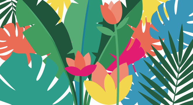 Vibrant tropical flowers and leaves illustration.