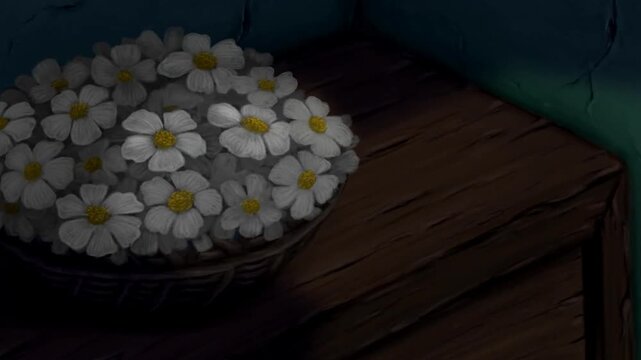 2d animation cartoon Woven basket filled with white chamomile flowers placed on a rustic wooden table surface setting. This masterfully handcrafted cartoon scenery asset fits perfectly