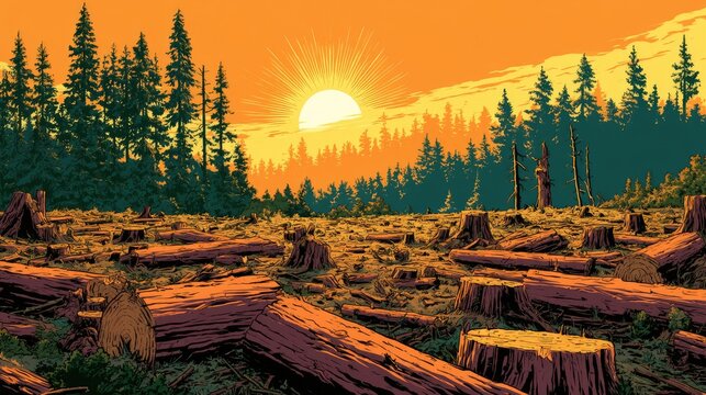 Clearcut forest at sunset with felled trees and stumps