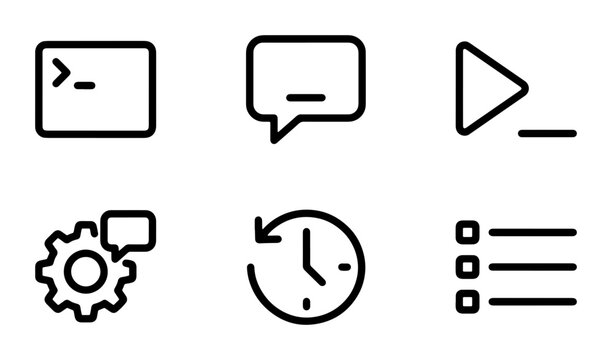 Minimalist Command Line Interface Icons, Chat Bubble, Play Button, Settings Gear, Clock Timer, List Menu, Vector Graphics for UI Design and Web Development