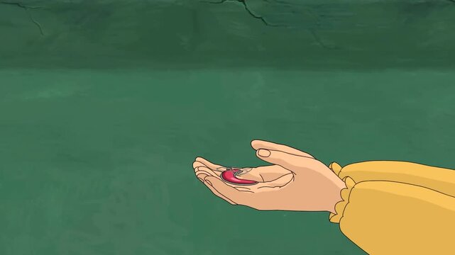 2d animation cartoon Close up shot of hands passing a magical red crescent moon necklace pendant jewelry. Beautiful graphic cartoon backdrop scenery ideal for multiplatform content developers