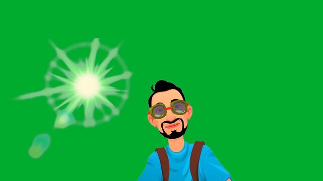 2d animated Man face avatar smiling pleasantly with a shiny bright glowing sun flare light overlay fx animation on green screen. Cheerful guy cartoon character wearing sunglasses looking up