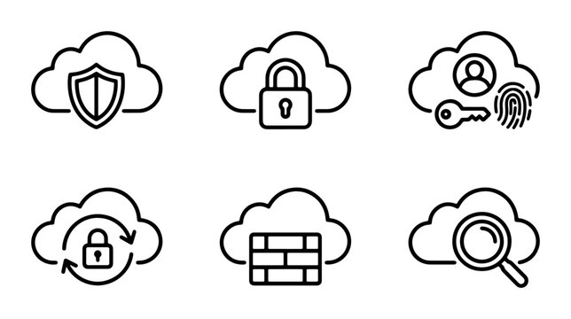 Cloud Security Icons Set, Digital Data Protection Vector Symbols, Cybersecurity and Privacy Concepts, Network Firewall and Access Control Graphics