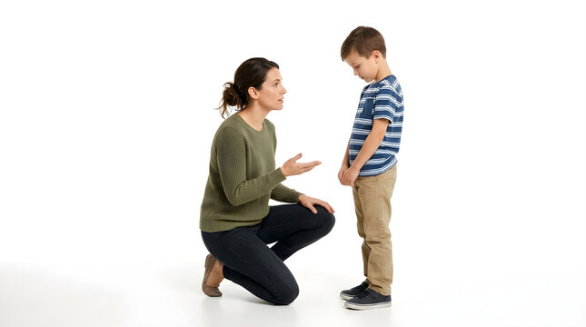 a mother reprimanding her son isolated white background
