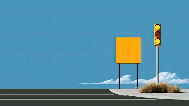 Empty road with a traffic light and blank sign on a clear day