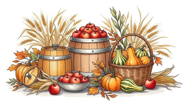 Autumn harvest illustration with wheat apples pumpkins and wooden barrels fall season bounty