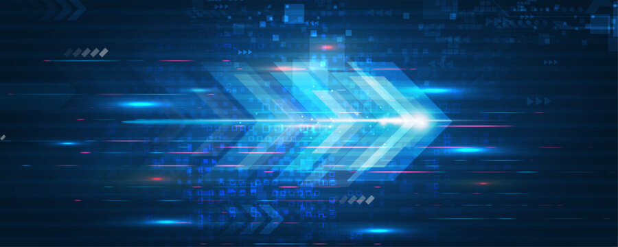 High-speed data flow arrow on abstract technology background with geometric shapes and glowing lines.