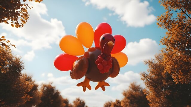 Festive balloon turkey floats against a blue autumn sky with fall foliage