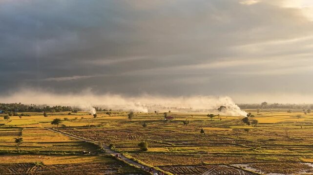 Drone Footage of Agricultural Landscape with Burning Rice Straw and Dramatic Clouds in Aceh