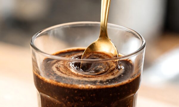 Expertly stirring rich, velvety dark liquid in a clear glass with a golden spoon, creating mesmerizing swirls for a delightful treat or beverage