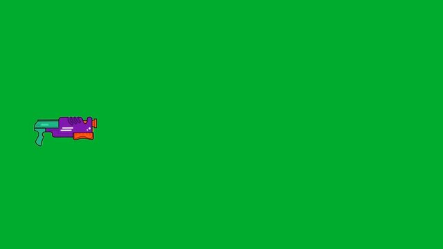 2d animated Water pistol splash stream flowing horizontally from a toy gun animation on green screen. Blue liquid droplets wave spray pattern fx overlay graphic vector cartoon illustration concept