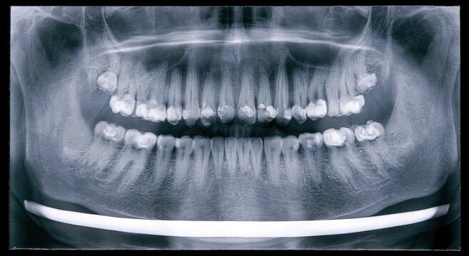 Panoramic dental x-ray showing the upper and lower teeth and jawbones