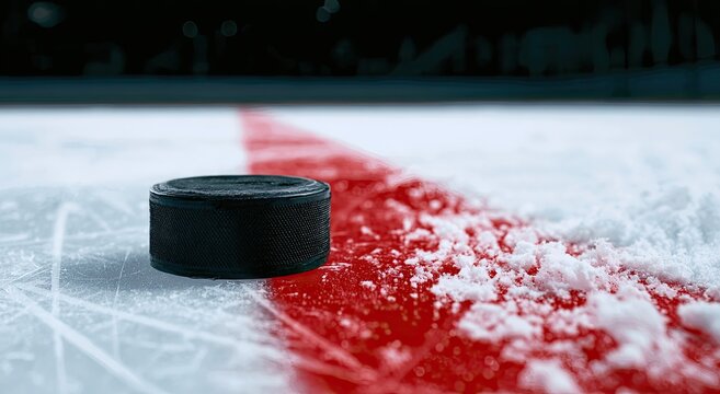 Close-up on a hockey puck on a freshly scraped ice rink with a red line