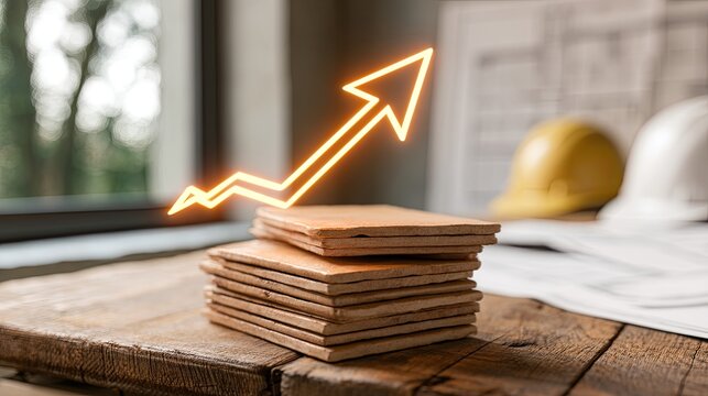 Glowing upward arrow on stacked tiles, construction plans, and hard hats