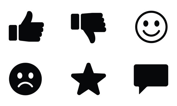 Set of 6 black vector feedback icons featuring thumbs up thumbs down happy sad face star and speech bubble user rating symbols