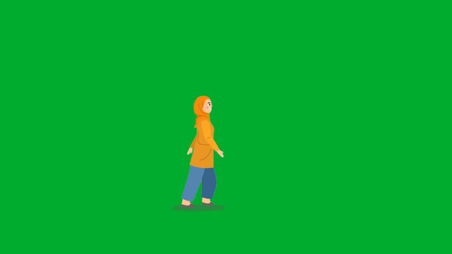 2d animated Girl walking raincoat layout view from a distance animation on green screen. Little cartoon child character wearing yellow hooded coat and purple boots marching slowly on animation