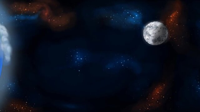 2d animated Planet Earth space horizon layout with a realistic rotating moon satellite globe sphere. Cosmic astronomy universe background scenery with glowing stars galaxy dust pattern animation