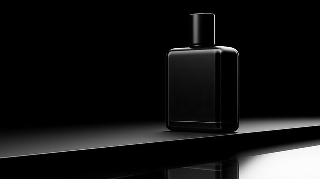 Sleek, minimalist black bottle on a reflective surface, dark background