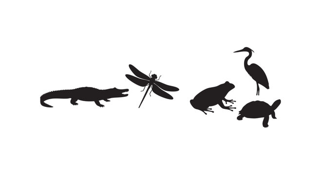 Wetland animals set isolated on white background flat black silhouettes of alligator dragonfly frog heron and turtle.
