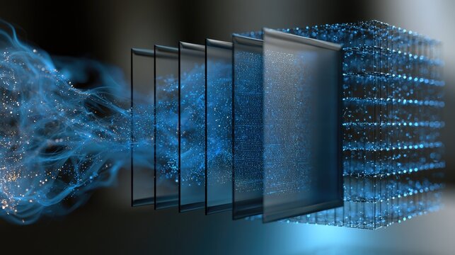 Abstract blue particles flowing through transparent layers into a grid