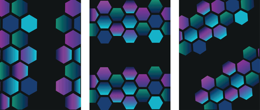 A set of three dark-themed vertical panels featuring floating hexagon clusters with vibrant gradients. These layouts are perfect for sleek high-end digital presentations or web banners.