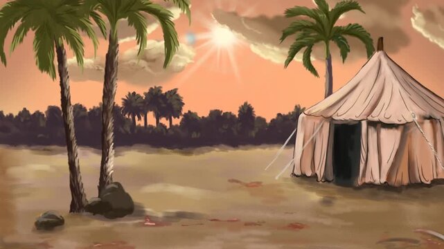 2d animated Desert tent camp shelter standing next to tropical palm trees at sunset. Traditional ancient middle eastern nomadic canvas house building for historical journey scenery animation footage.