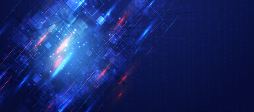 Abstract technology background with glowing blue digital square elements and binary code patterns.