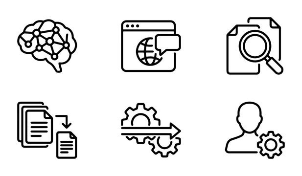 AI Brain, Web Chat, Document Search, Data Transfer, Gear Mechanism, User Settings Icons: Business & Technology Vector Set