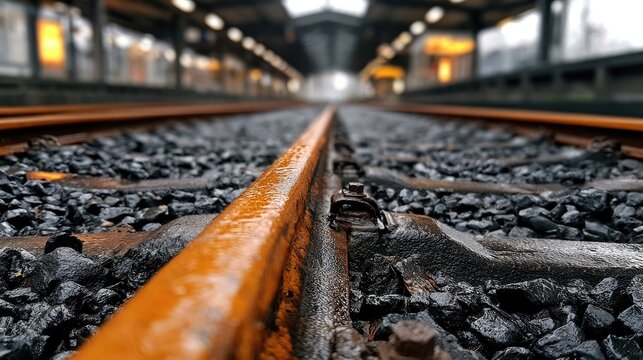 Close-up of rusty train tracks stretching into a blurred station platform