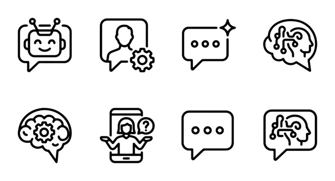 AI Chatbot & Brain Icons, Set of 8 Vector Graphics for Digital Communication, Technology, and Support Concepts