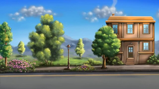 2d animated Red car driving on a city street road next to a classic white hatchback vehicle model. Modern luxury automobile transport layout near house buildings for town traffic animation footage.