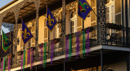 Naklejka premium Vibrant french quarter balcony draped with colorful mardi gras beads and flags