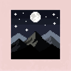 Fototapeta premium A pixelated illustration of a night sky with mountains and a full moon