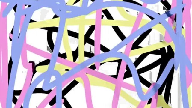 Abstract tangled lines in blue, pink, yellow, and black on a white background, resembling a chaotic doodle.