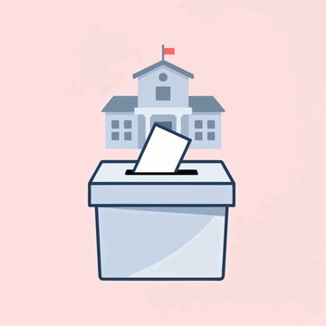 A ballot box with a paper being inserted in front of a building