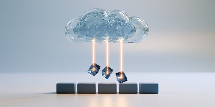 Transparent cloud drips glowing ice cubes onto row of dark blocks