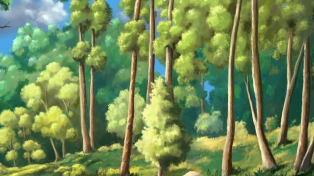 2d animated Dense forest landscape background template layout with thousands of green trees. Wild jungle woods environment scenery panorama with blue sky horizon for outdoor camping animation loop.
