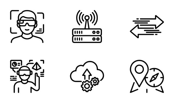 Technology Icons Set: VR, Networking, Data Transfer, Cloud Computing, Navigation, 6 Vector Graphics for Digital Innovation