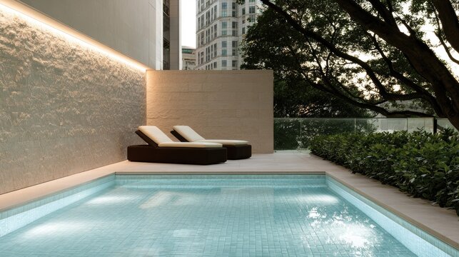Illuminated modern pool with loungers and lush greenery