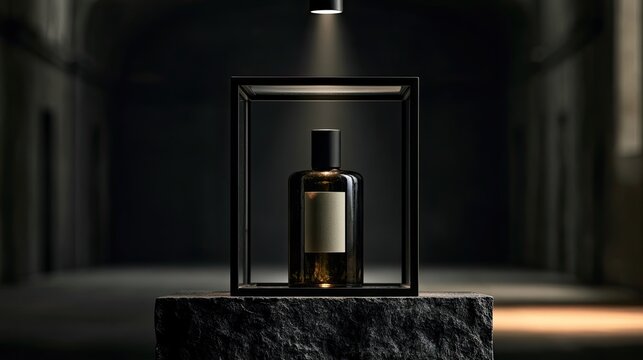 Amber glass perfume bottle displayed in a minimalist cube on stone