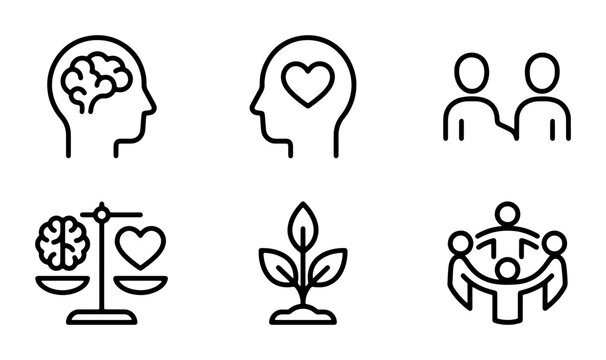 Mindfulness, Empathy, and Community Icons: Brain, Heart, Balance, Growth, and Connection Symbols for Well-being and Social Concepts