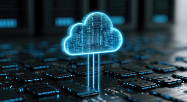 Digital cloud icon glowing blue on a dark, futuristic circuit board