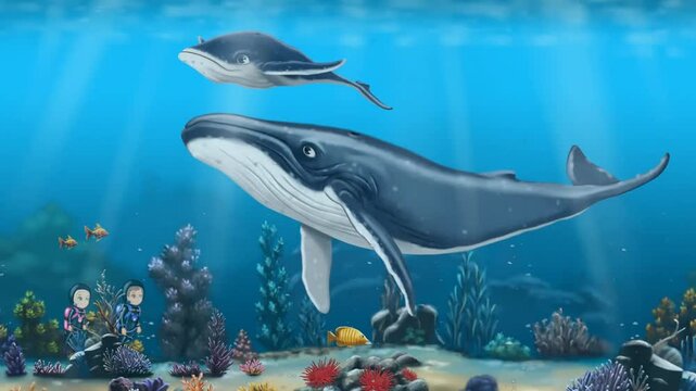 2d animated Blue whales diving gracefully together across open underwater ocean space. Beautiful humpback marine mammals wildlife creatures swimming in deep sea water layout landscape animation loop.