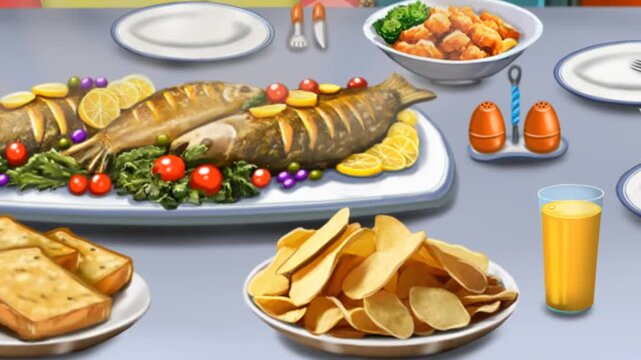 2d animated Roasted fish banquet dinner table setup full of delicious food plates. Baked seafood platter tray next to crispy potato chips fries snack piece bowl layout design. Kitchen animation loop.