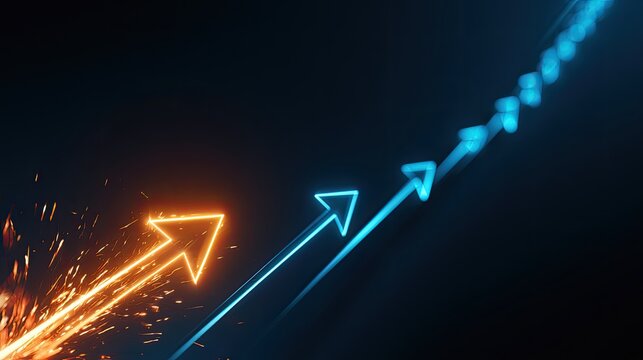 Glowing arrows ascend; orange sparks precede blue trails