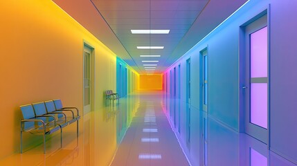 Fototapeta premium Illuminated hallway with colorful light gradient and doors