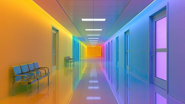 Illuminated hallway with colorful light gradient and doors