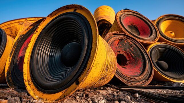 Weathered, bright-colored subwoofers piled and stacked outdoors