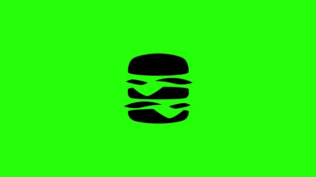 4K motion clip of a gigantic double cheeseburger stacked with two beef patties, melting cheese and buns bouncing. Playful popup transition element for fast food menu.